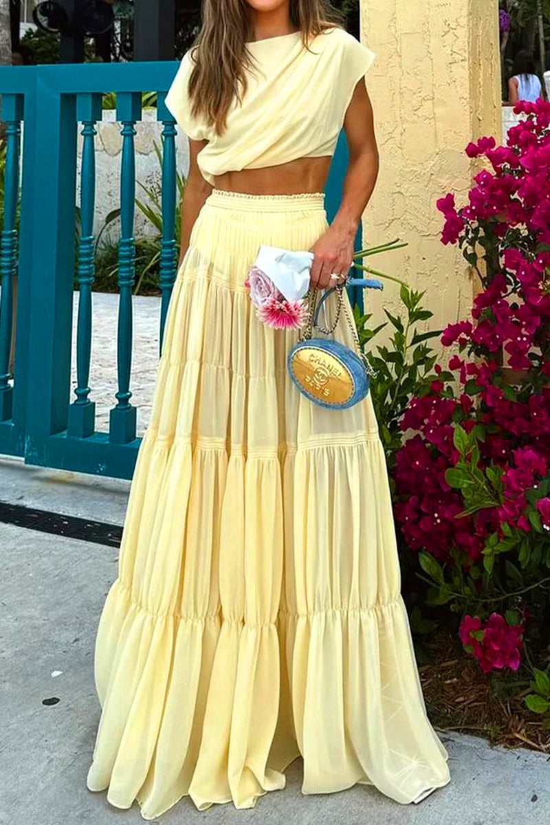 Vacation Elegant Patchwork Ruffle O Neck Short Sleeve Two Pieces - Fashionpara