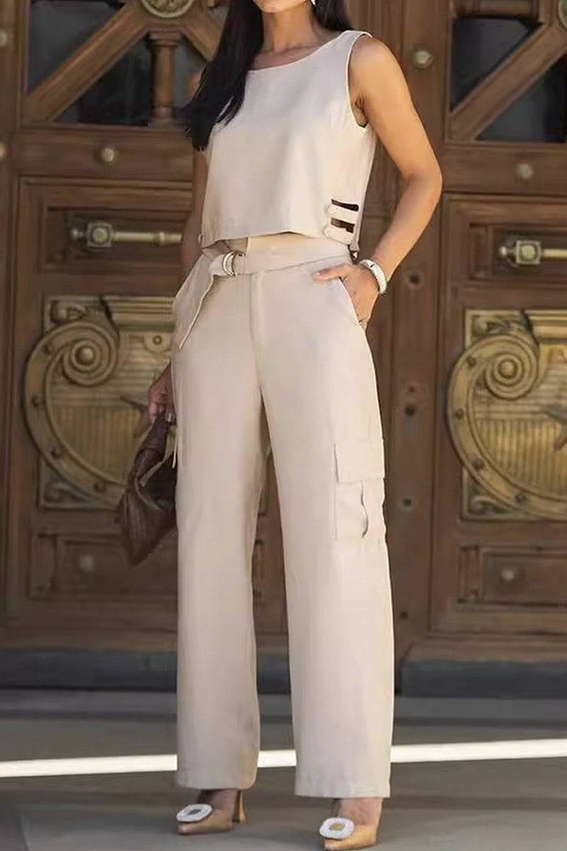 Casual Street Solid Color Pocket Buttons O Neck Sleeveless Two Pieces - Fashionpara