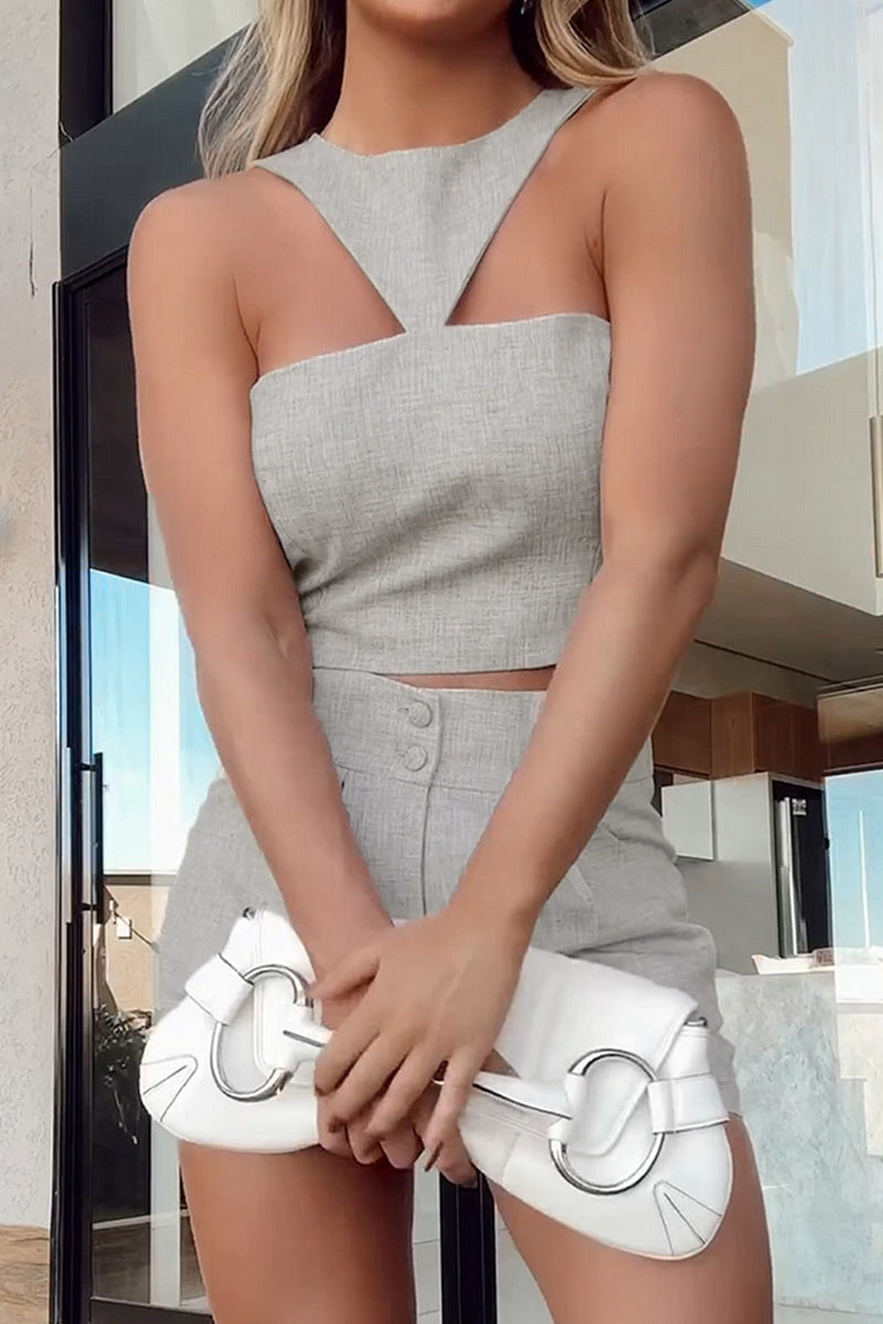 Casual Street Solid Color Pocket Buttons Irregular Zipper Halter Sleeveless Two Pieces - Fashionpara