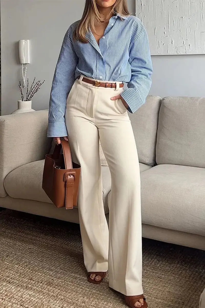 Casual Striped Print Lace Up Buttons Without Belt Turndown Collar Long Sleeve Two Pieces(No Belt) Fashionpara