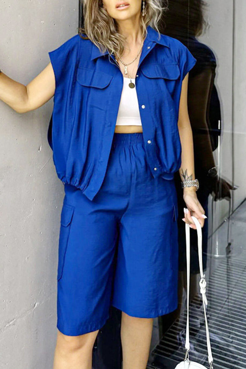 Casual Street Solid Color Draw String Pocket Buttons Turndown Collar Short Sleeve Two Pieces - Fashionpara