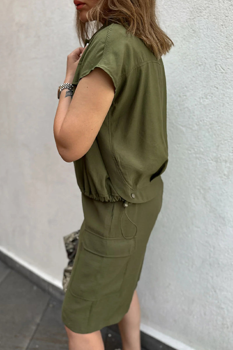 Casual Street Solid Color Draw String Pocket Buttons Turndown Collar Short Sleeve Two Pieces - Fashionpara