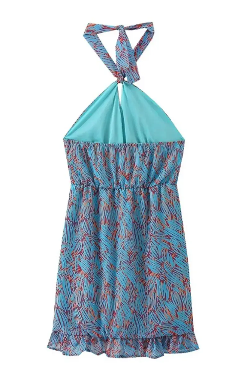 Sexy Geometric Print Lace Up Contrast Halter One Step Skirt Dresses Fashionpara