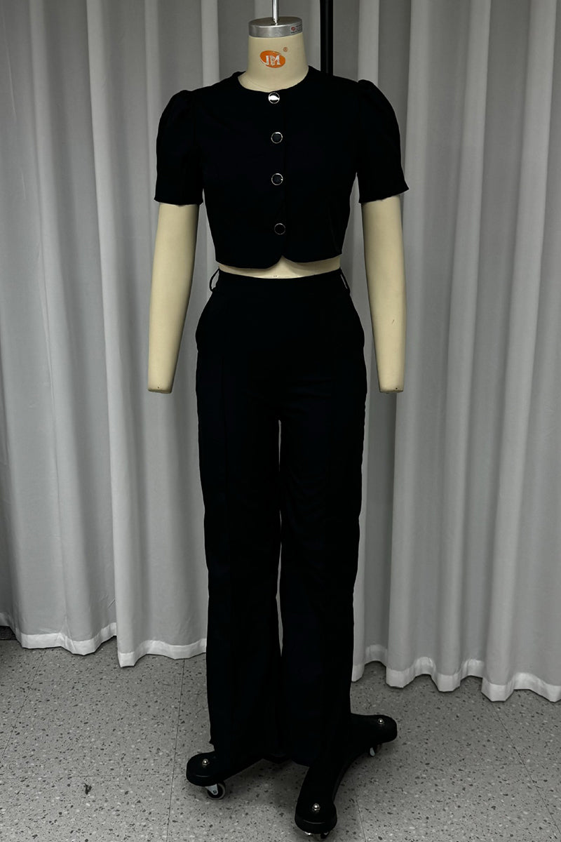 Casual Street Solid Color Pocket Buttons Without Belt O Neck Short Sleeve Two Pieces(No Belt) - Fashionpara