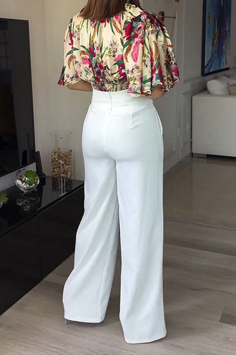 Elegant Floral Print Pocket O Neck Short Sleeve Two Pieces