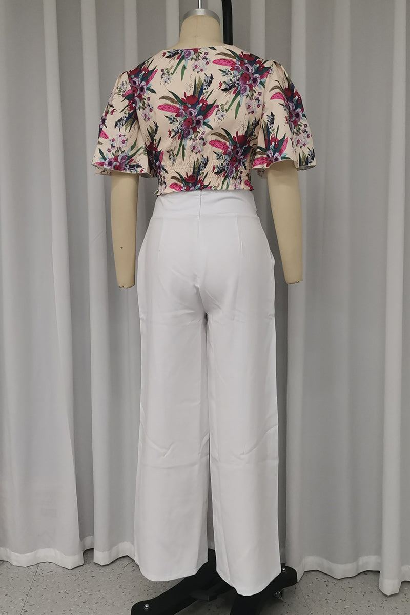 Elegant Floral Print Pocket O Neck Short Sleeve Two Pieces