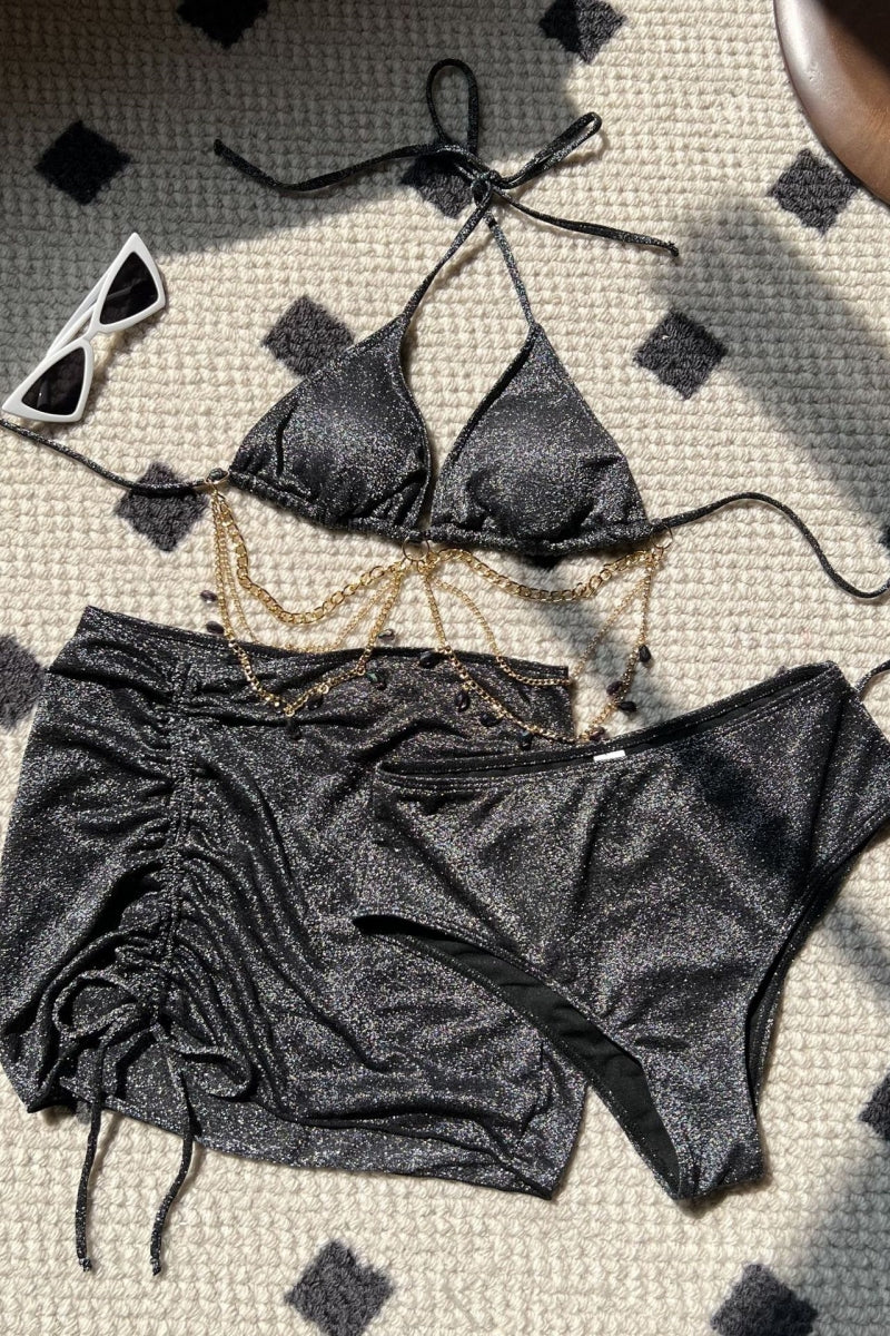 Sexy Solid Color Patchwork Chains Backless Belted Swimsuit Three Piece Set (With Paddings)(3 Colors) - Fashionpara