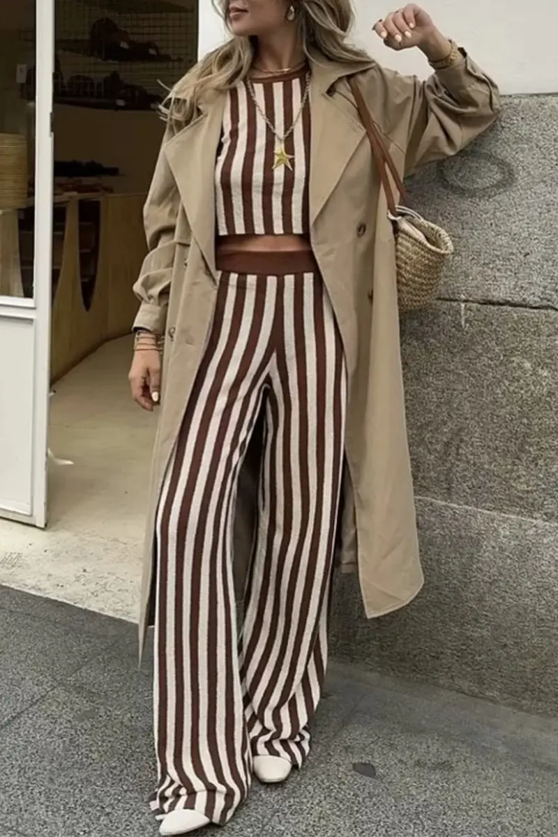 Casual Street Stripe Weave O Neck Sleeveless Two Pieces - Fashionpara