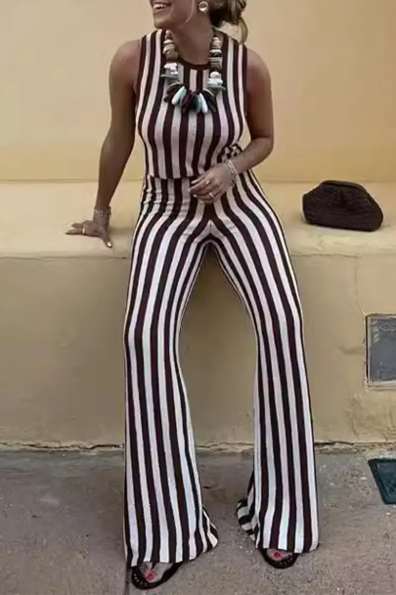 Casual Street Stripe Weave O Neck Sleeveless Two Pieces - Fashionpara