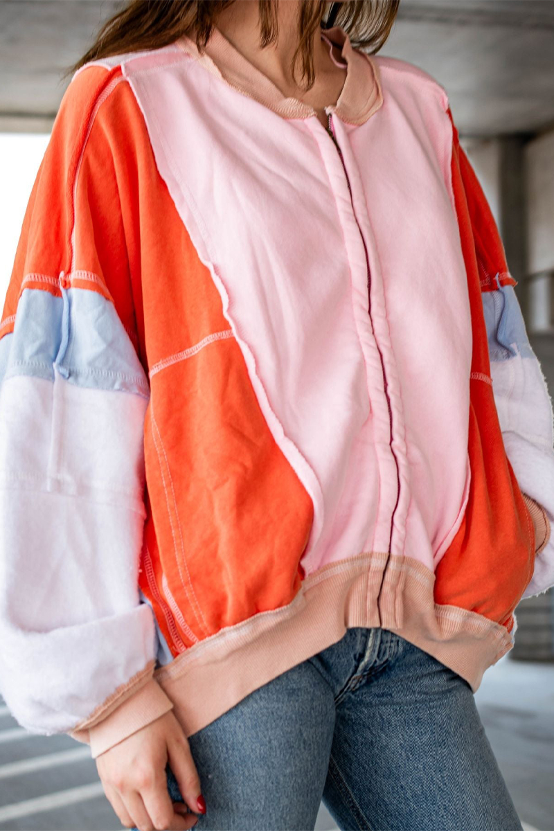 Colorblock Distressed Casual O Neck Blazer Outerwear Jacket