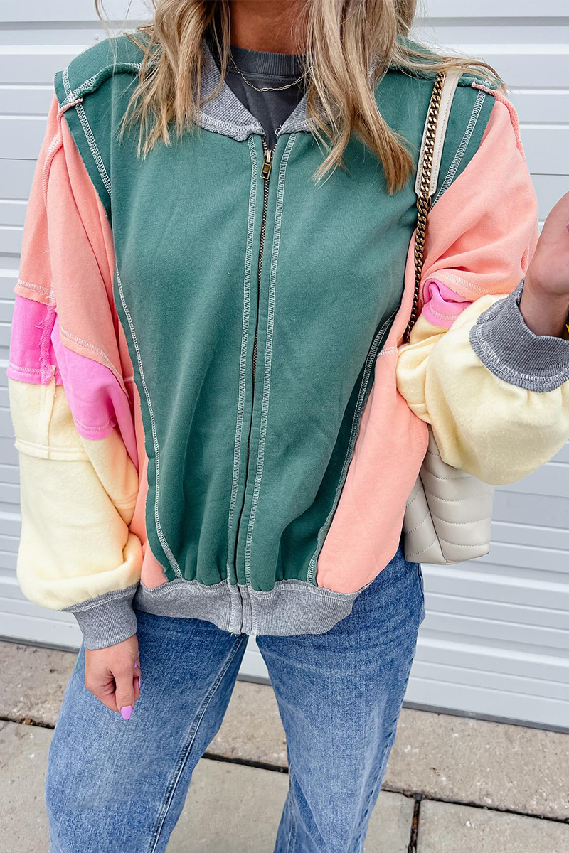 Colorblock Distressed Casual O Neck Blazer Outerwear Jacket