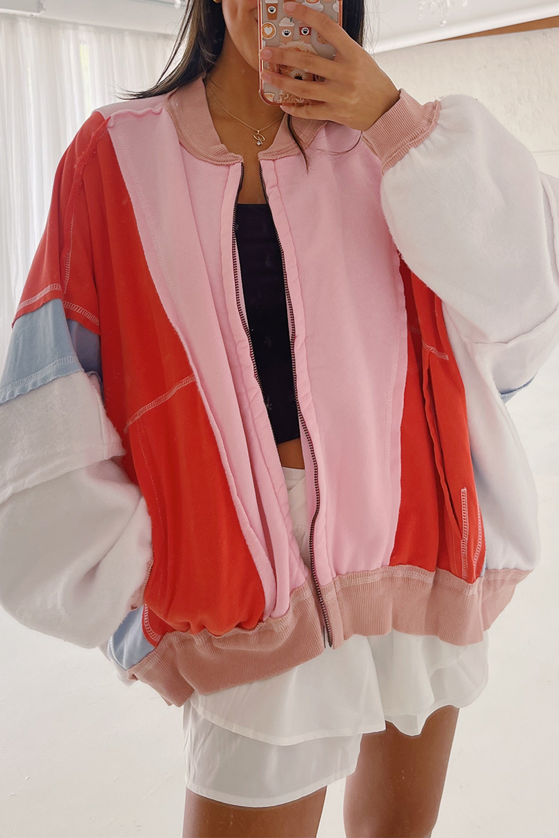 Colorblock Distressed Casual O Neck Blazer Outerwear Jacket