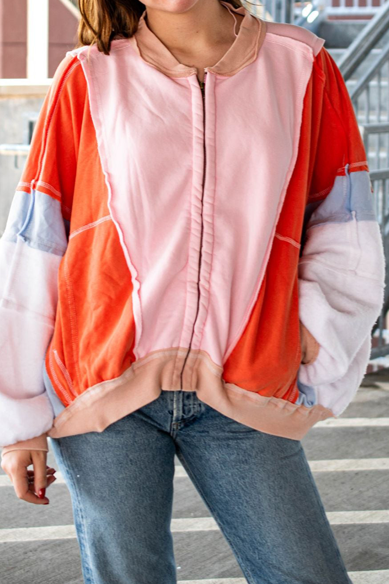 Colorblock Distressed Casual O Neck Blazer Outerwear Jacket