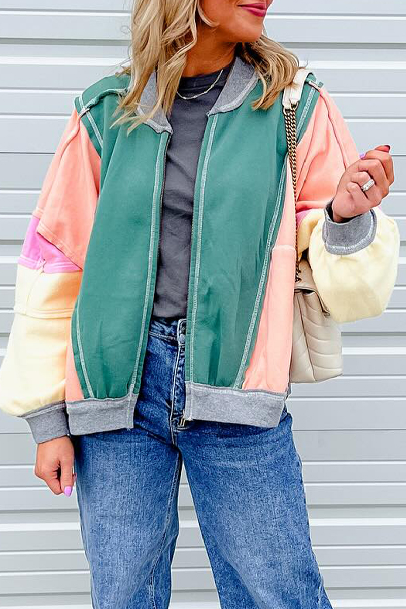 Colorblock Distressed Casual O Neck Blazer Outerwear Jacket