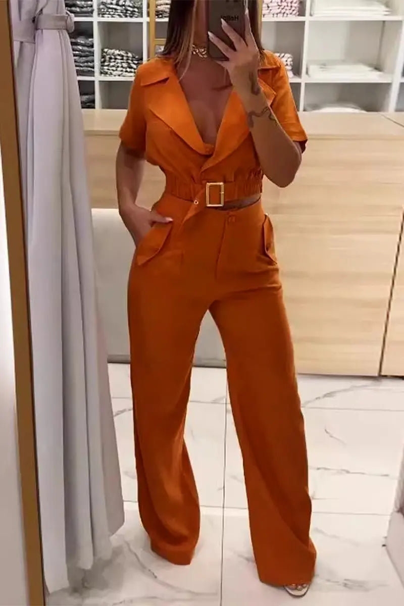 Casual Street Solid Color Pocket Turn-back Collar Short Sleeve Two Pieces - Fashionpara