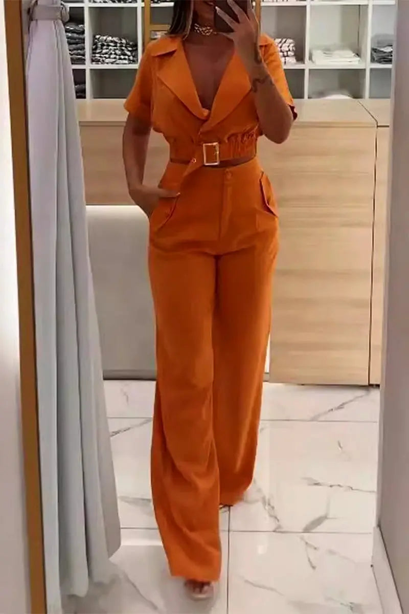 Casual Street Solid Color Pocket Turn-back Collar Short Sleeve Two Pieces - Fashionpara