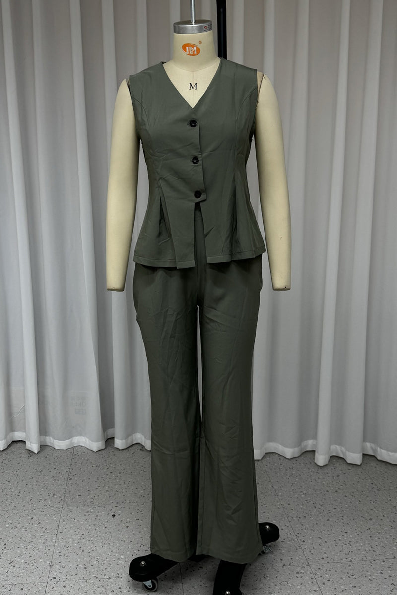 Casual Street Solid Color Buttons V Neck Sleeveless Two Pieces - Fashionpara