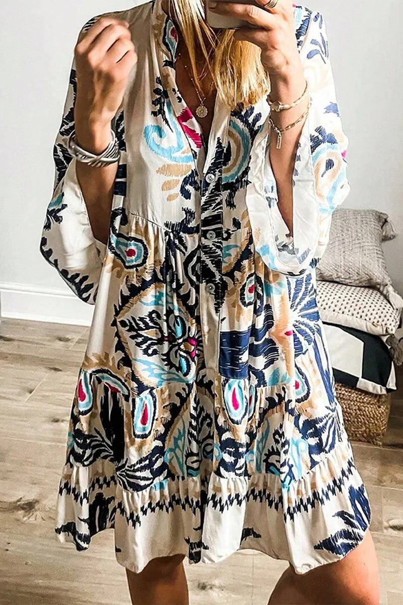 Paisley Print V-Neck Button Front Bell Sleeve Tiered Mini Dress