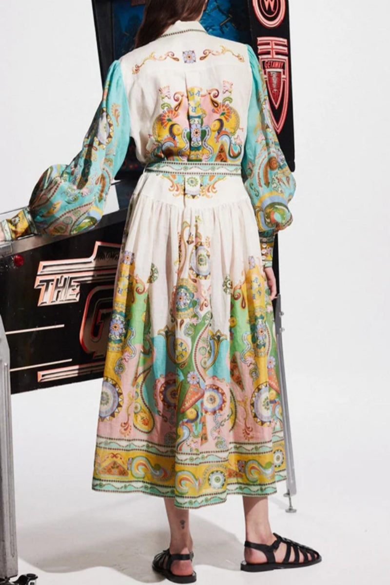 Casual Print Patchwork Turndown Collar Long Sleeve Dresses - Fashionpara