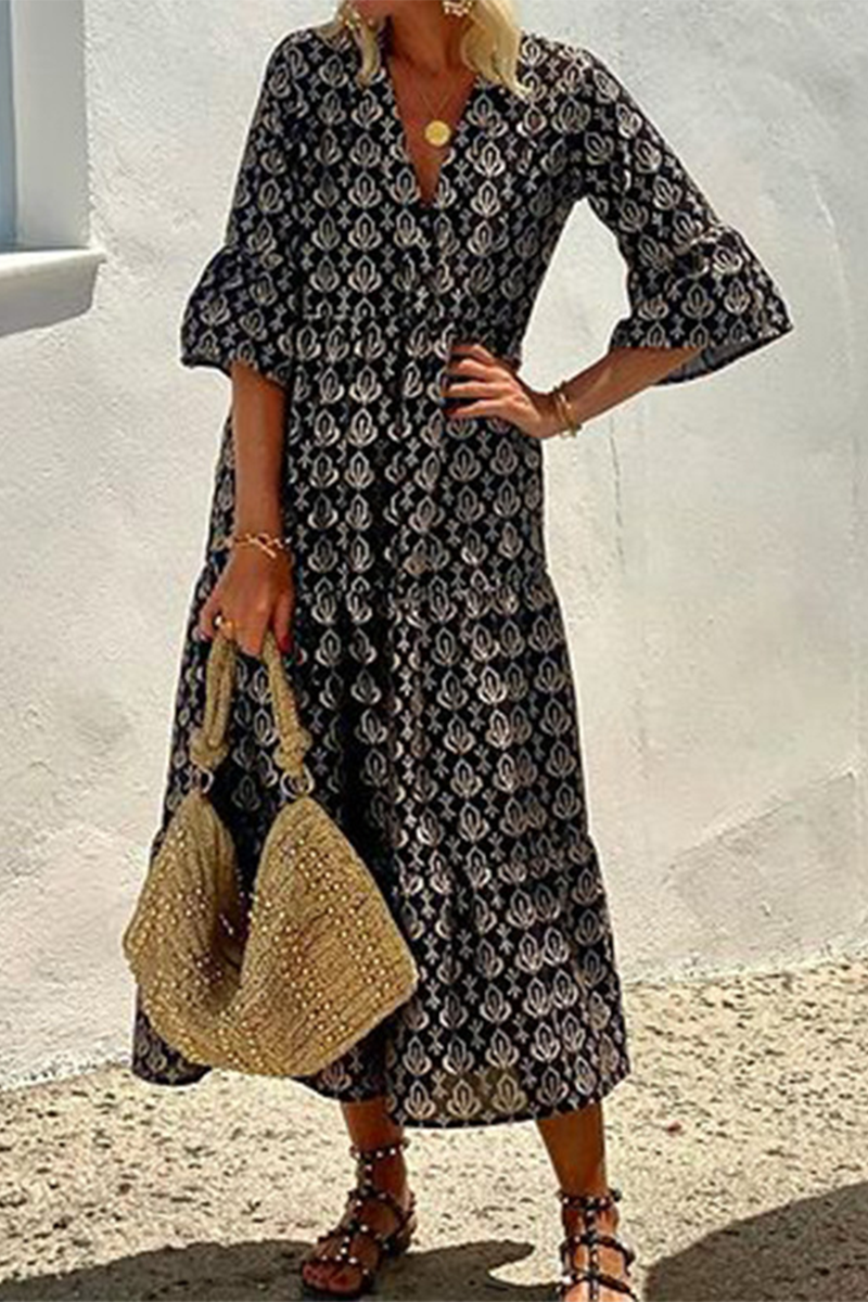 Vacation Elegant Floral Print Patchwork V Neck A Line Dresses