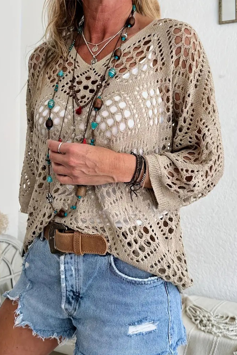 Bohonini V Neck Hollow Out Sweater for Casual Elegance