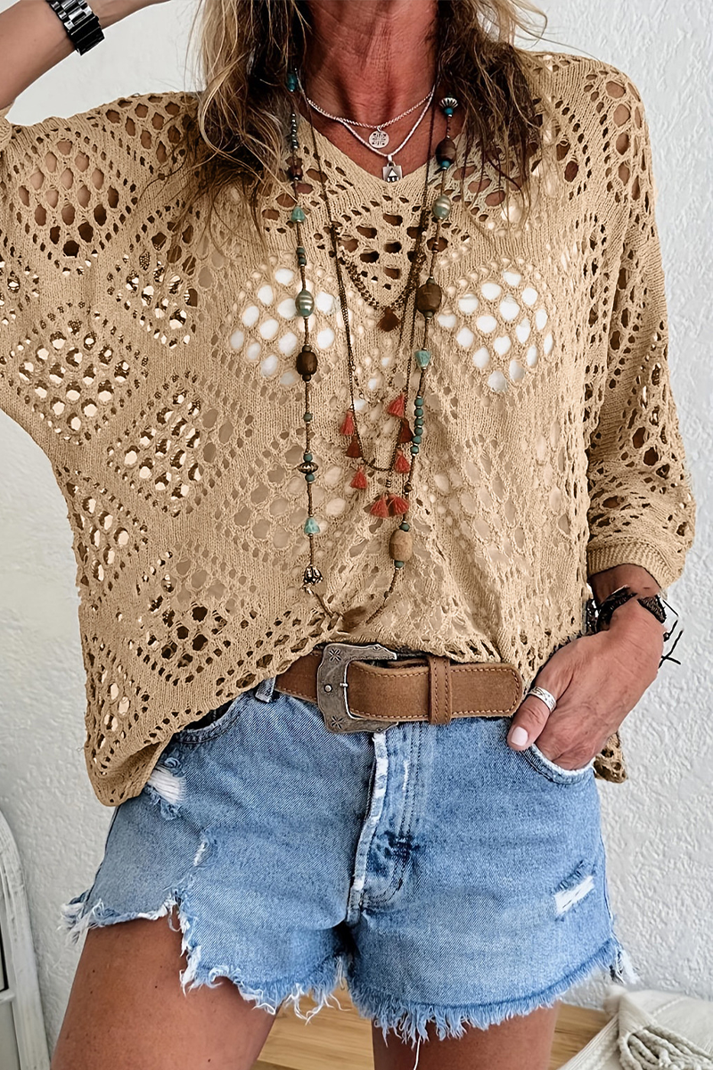 Bohonini V Neck Hollow Out Sweater for Casual Elegance