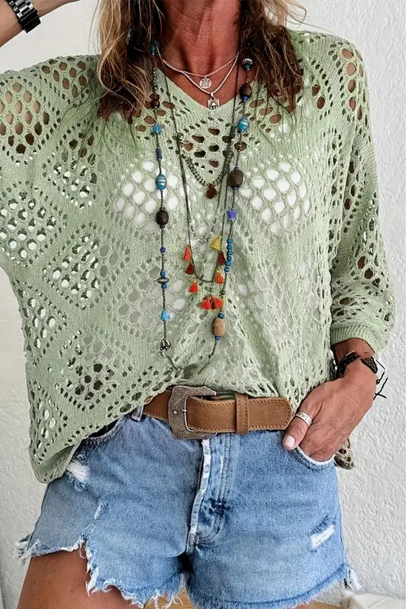 Bohonini V Neck Hollow Out Sweater for Casual Elegance