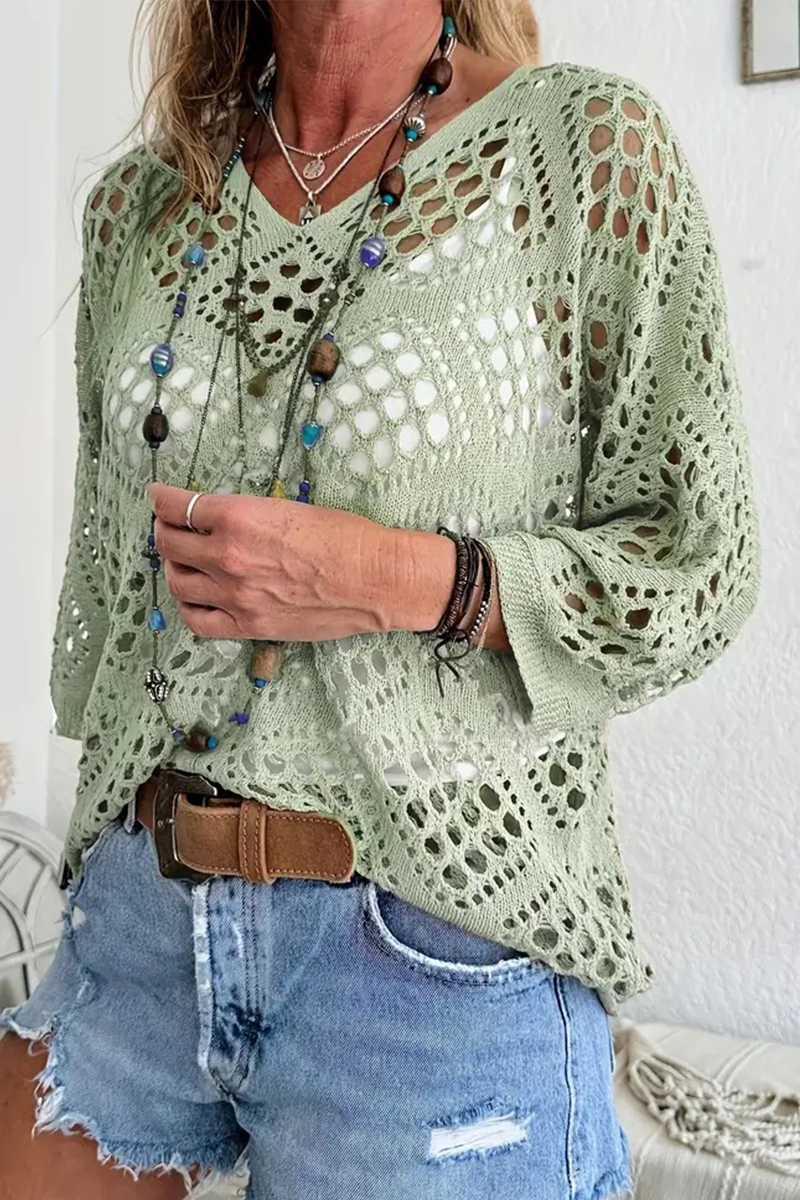 Bohonini V Neck Hollow Out Sweater for Casual Elegance