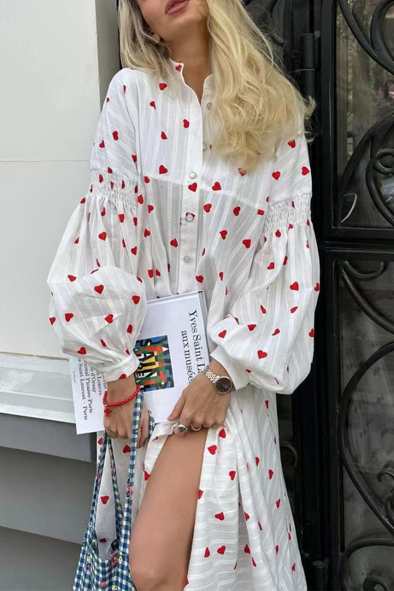 Casual Street Love Print Buckle Mandarin Collar A Line Dresses - Fashionpara