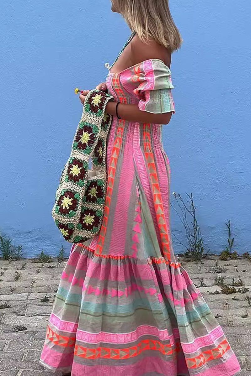 Casual Boho Geometric Print Contrast Square Neck A Line Dresses - Fashionpara