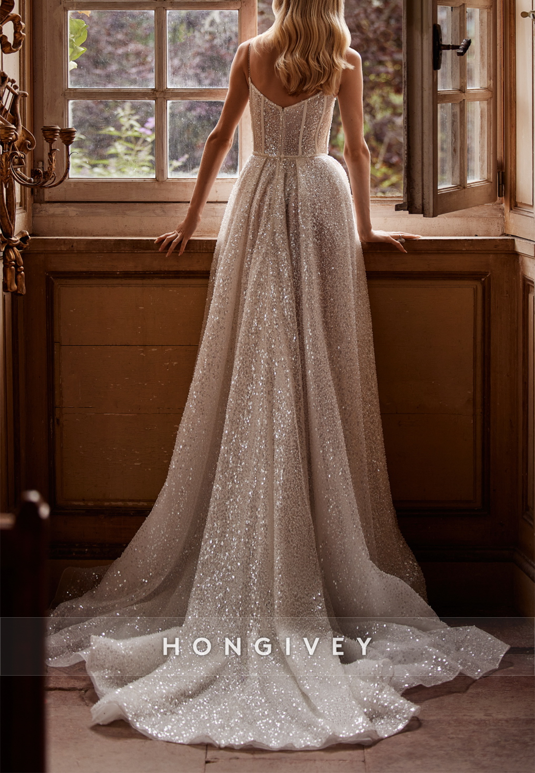 High Slit Court Train Glitter A-line Spaghetti Straps Pleated Square Wedding Dresses