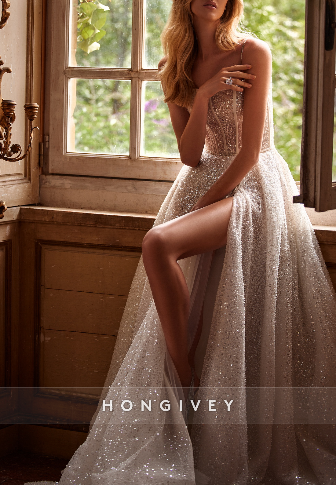 High Slit Court Train Glitter A-line Spaghetti Straps Pleated Square Wedding Dresses