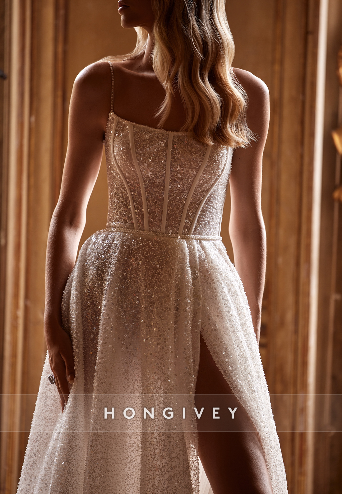 High Slit Court Train Glitter A-line Spaghetti Straps Pleated Square Wedding Dresses