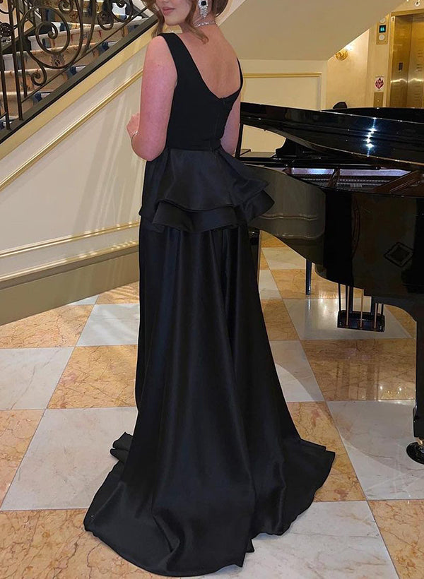 A-Line Scoop Neck Satin Evening Dresses With Cascading Ruffles