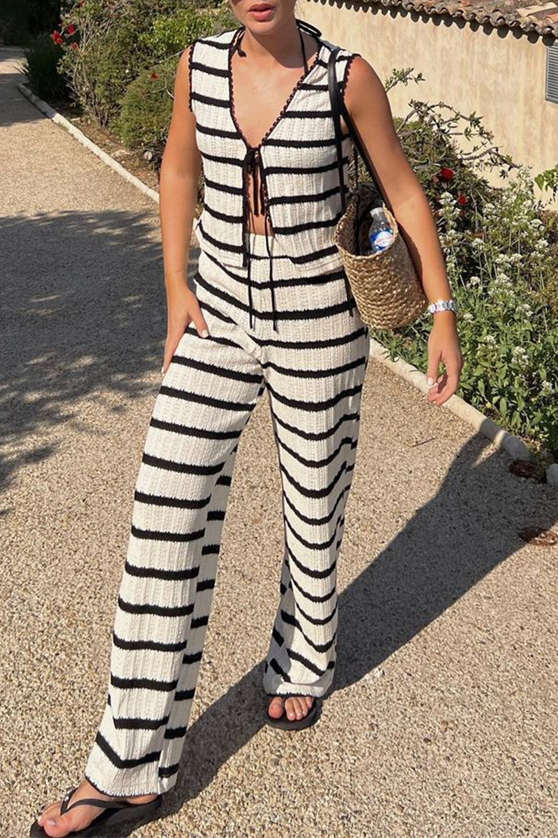 Casual Street Stripe Lace Up Knit Contrast V Neck Sleeveless Two Pieces - Fashionpara