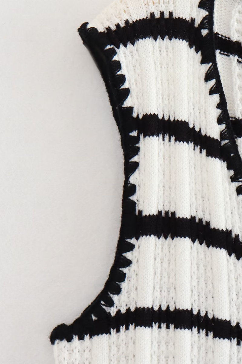 Casual Street Stripe Lace Up Knit Contrast V Neck Sleeveless Two Pieces - Fashionpara