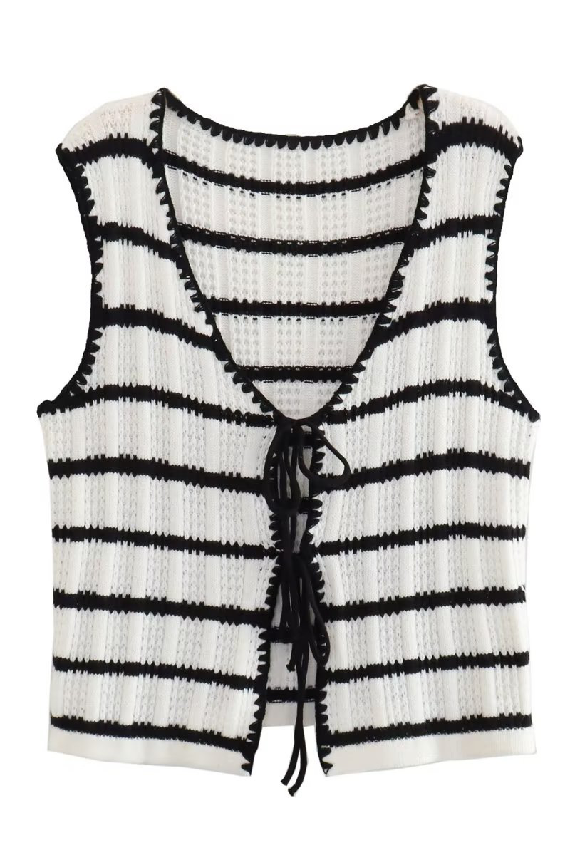Casual Street Stripe Lace Up Knit Contrast V Neck Sleeveless Two Pieces - Fashionpara
