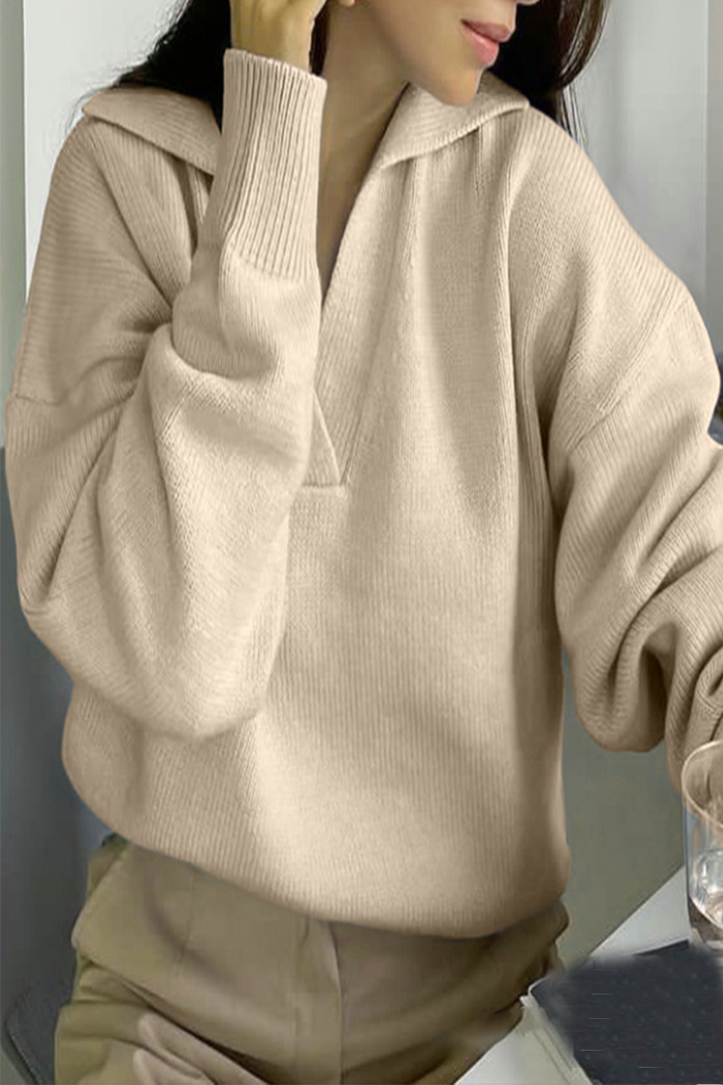 Flornana Casual Solid Color Knit Polo Collar Sweater