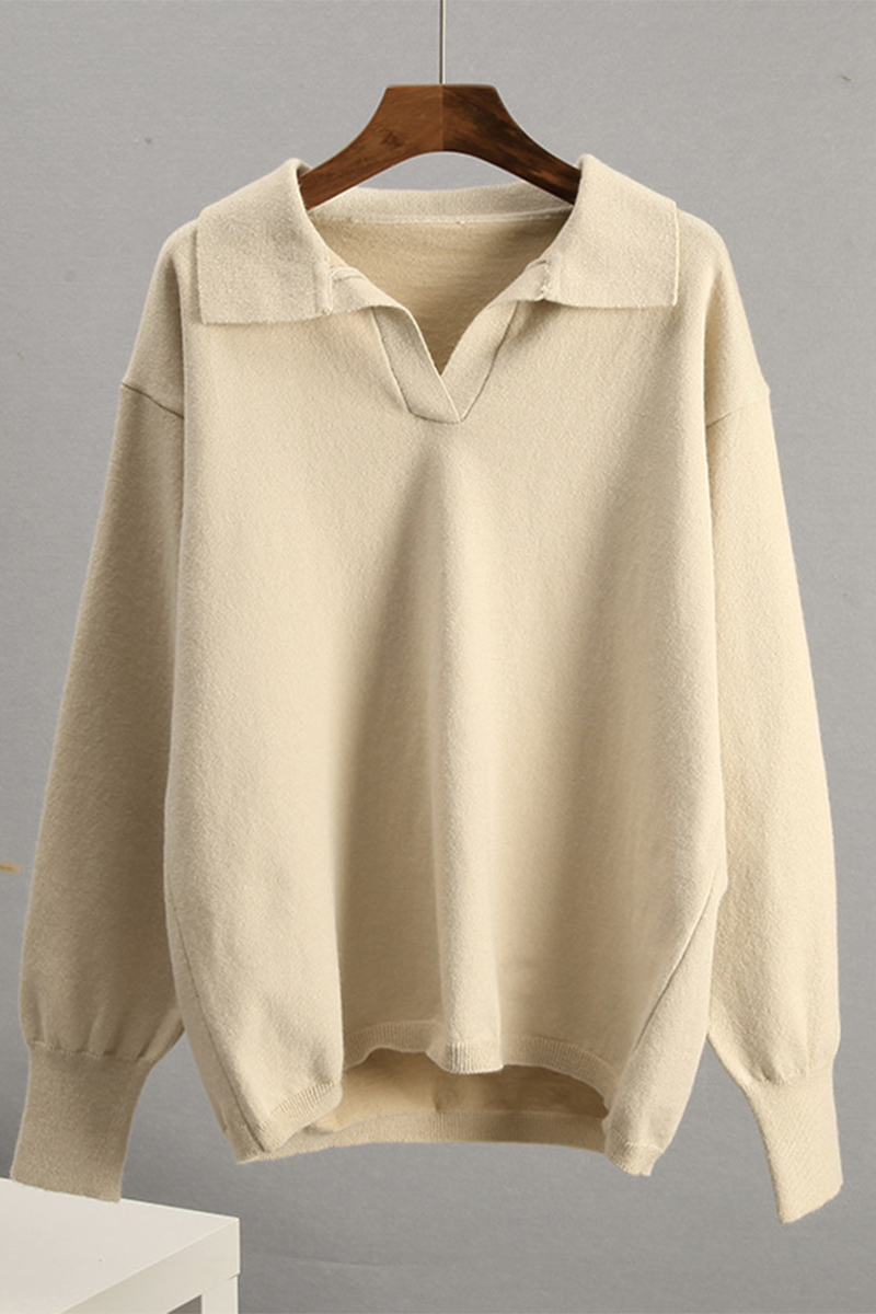 Flornana Casual Solid Color Knit Polo Collar Sweater
