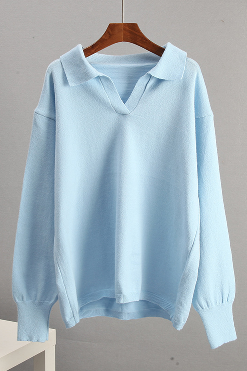 Flornana Casual Solid Color Knit Polo Collar Sweater