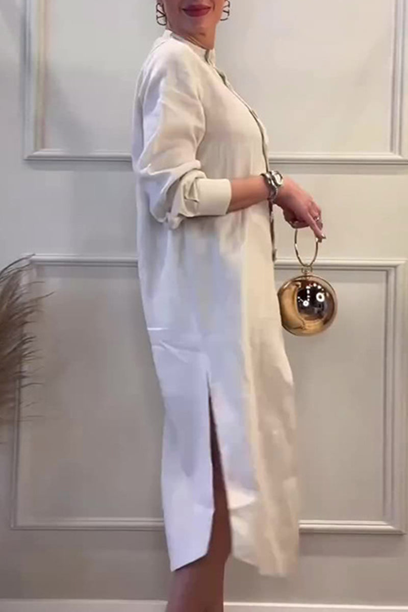 Casual Daily Solid Color Buckle Mandarin Collar A Line Dresses - Fashionpara