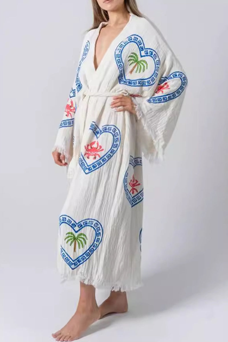 Casual Daily Love Print Lace Up V Neck Printed Dresses - Fashionpara