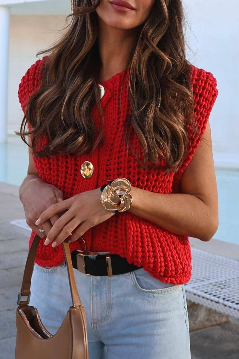 Casual Solid Color Pocket Sweater with Button Detail