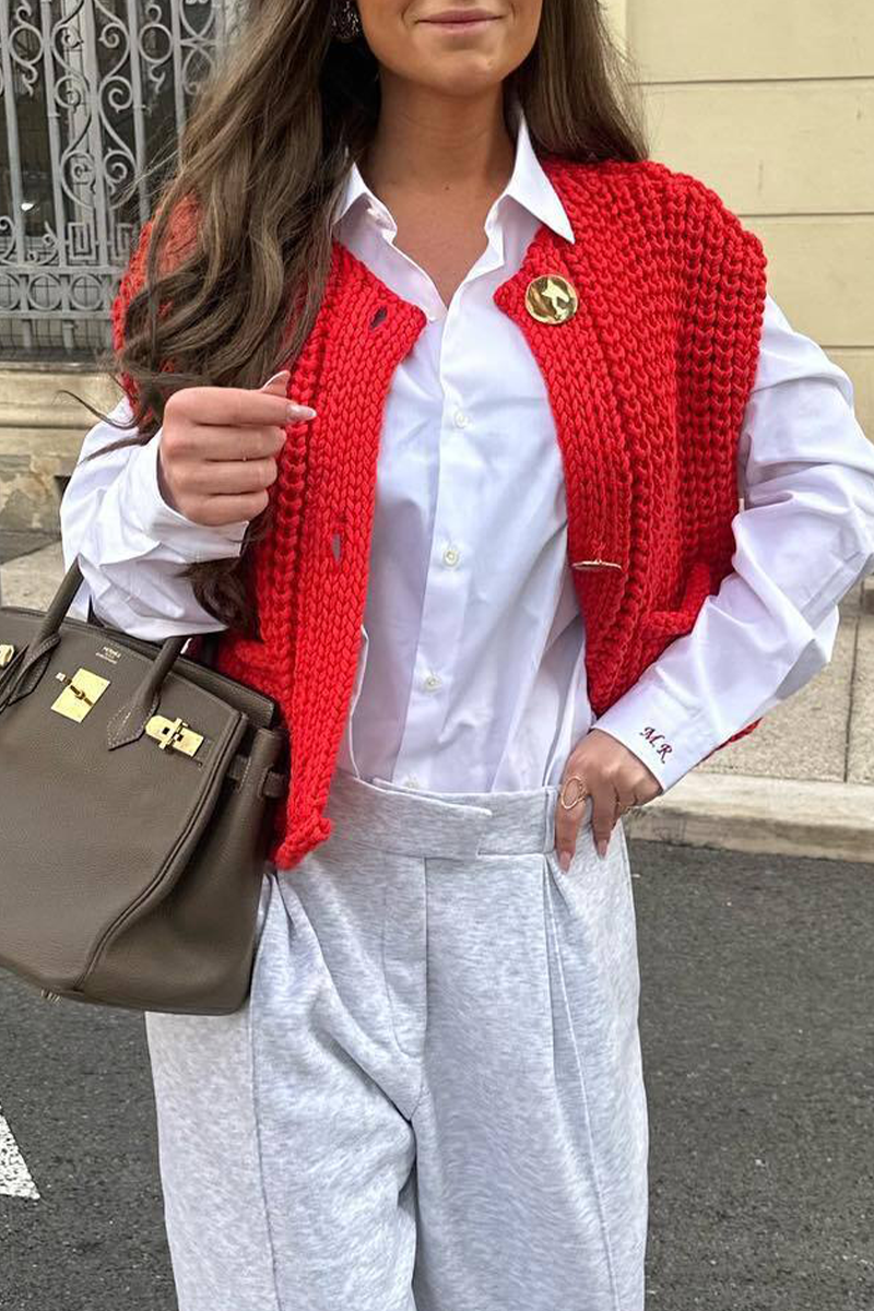 Casual Solid Color Pocket Sweater with Button Detail