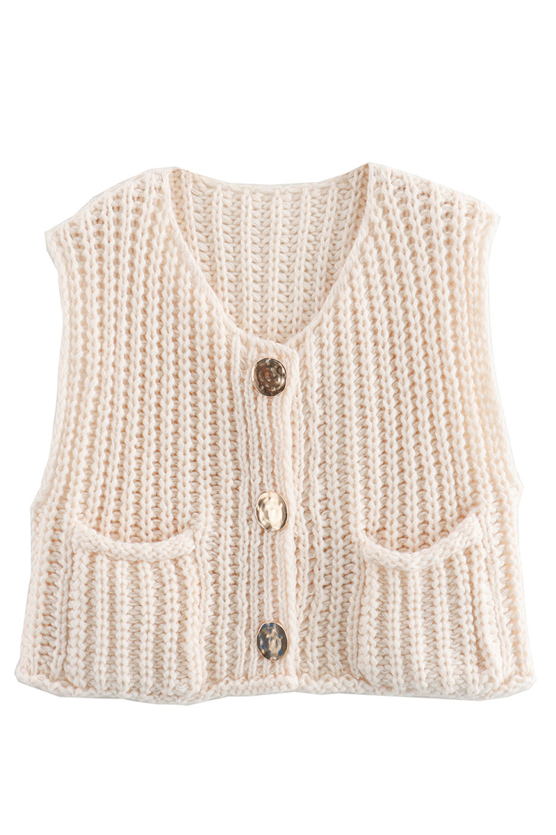 Casual Solid Color Pocket Sweater with Button Detail