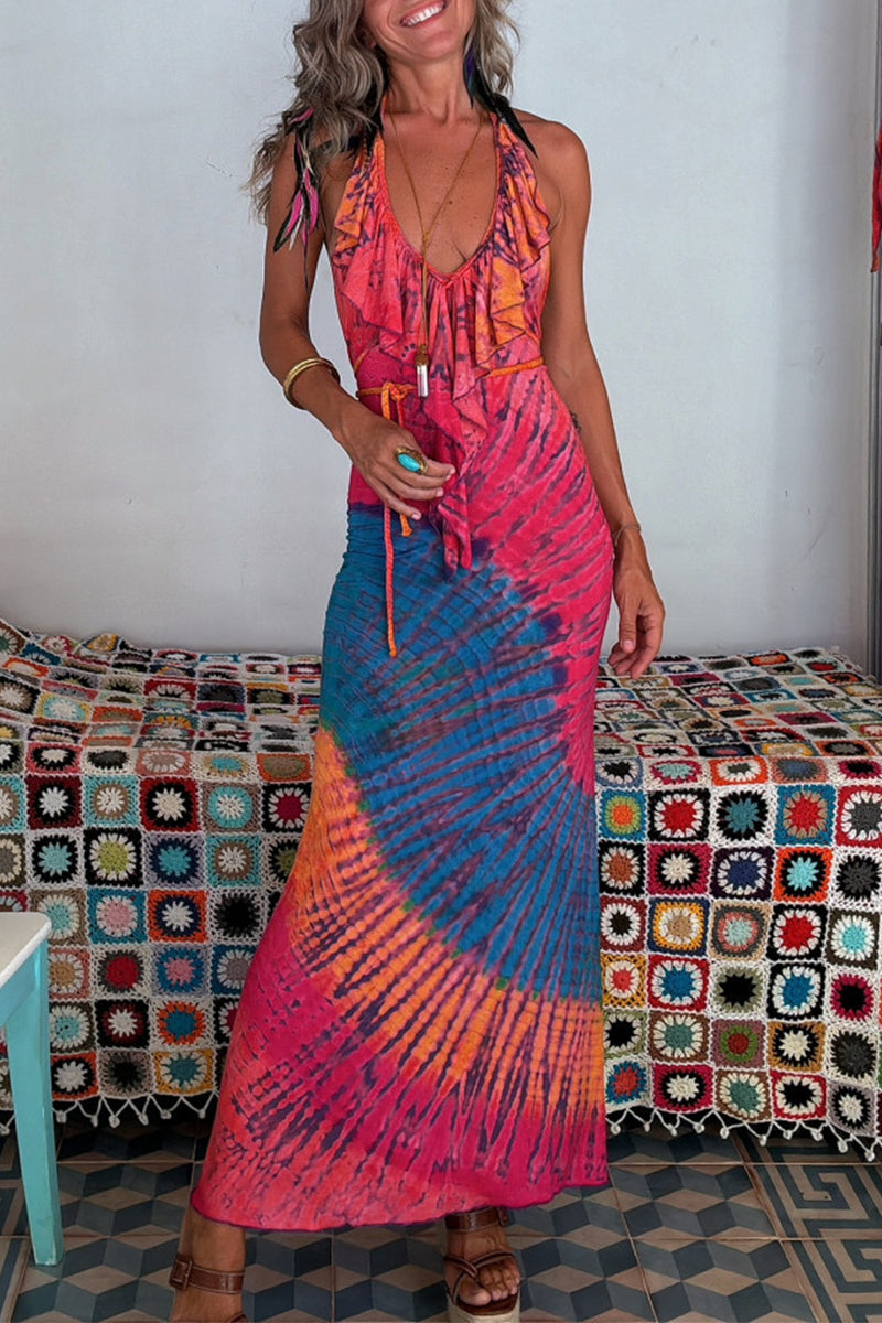 Sexy Vacation Gradient Print Backless Ruffle V Neck One Step Skirt Dresses - Fashionpara