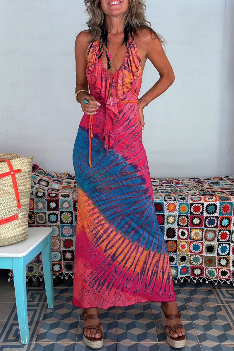 Sexy Vacation Gradient Print Backless Ruffle V Neck One Step Skirt Dresses - Fashionpara