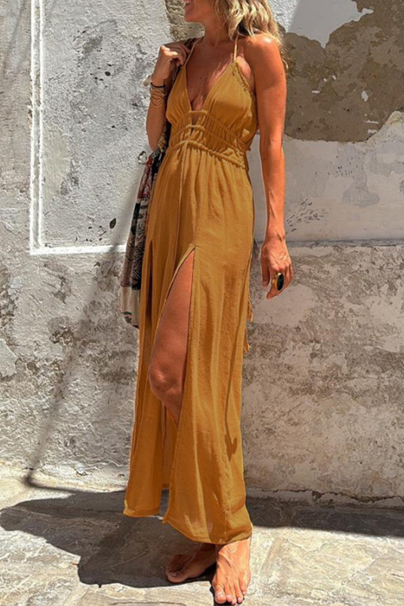 Sexy Vacation Solid Color Slit Strap Design Halter Irregular Dresses - Fashionpara