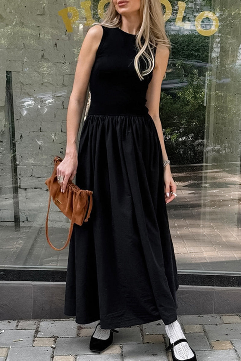 Casual Street Solid Color Ruched O Neck Vest Dresses - Fashionpara