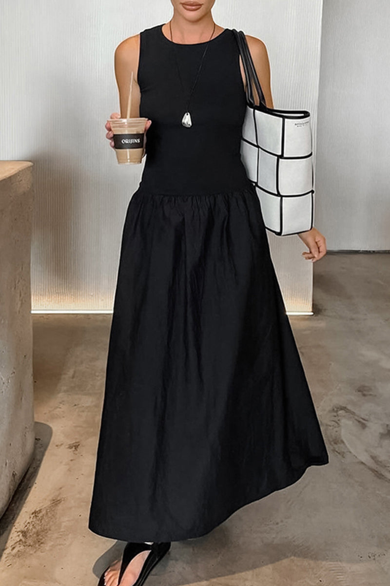 Casual Street Solid Color Ruched O Neck Vest Dresses - Fashionpara